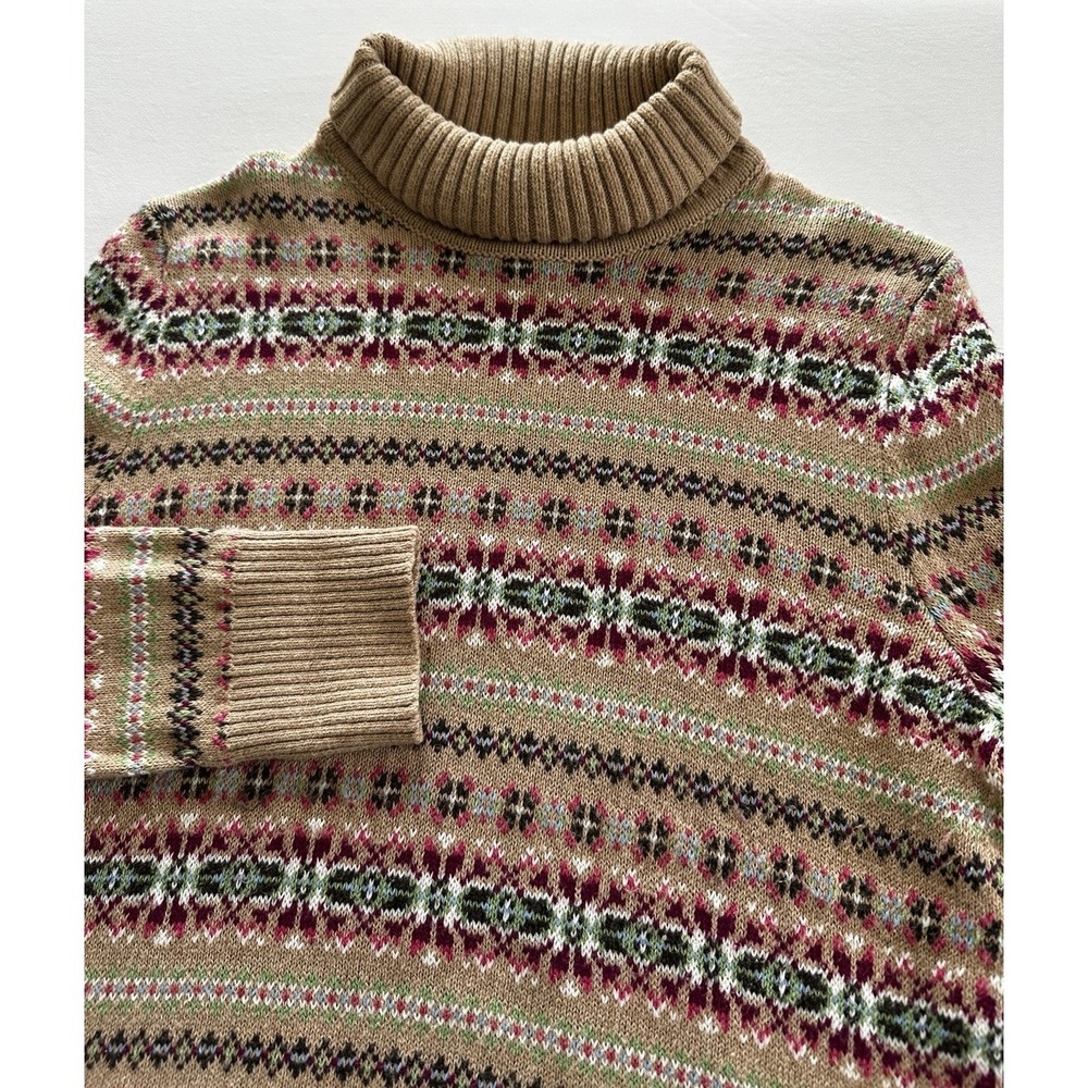 Lands End Womens Fair Isle Turtleneck Sweater Tan Multi Cotton Wool Blend Medium